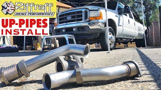 2001 F350 73  RiffRaff UpPipes Install  Stock up pipes leaking and falling apart JUNK SP [upl. by Robbie]